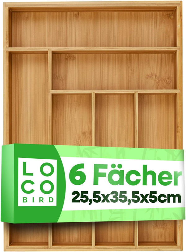 Loco Bird Besteckkasten Bambus 6 Fächer 25,5 x 35,5 cm Schubladeneinsatz
